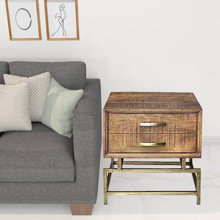 HomeRoots - Wholesale Side Table - 21" Brass And Brown Solid Wood And Iron Square End Table1