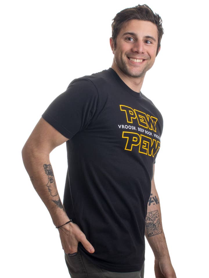 Black Pew Pew Wars Funny Sci-fi Space Star T-Shirt for Geeks for wholesale on Faire1