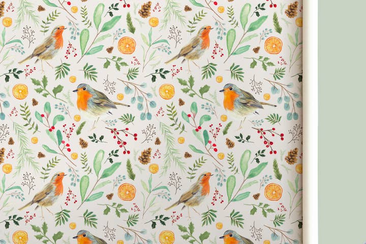 Papel de Presente Natalino com Pássaros Robin por atacado de Hannah Green Illustration