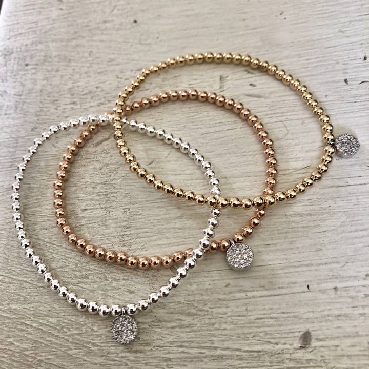 Pulseira elástica de contas de 4 mm com pingente de disco redondo prata/cz por atacado de Kelly and Rose Boutique