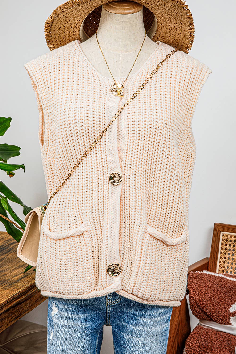 fashionworks - Wholesale Sweater Vest - Women's - Fashion-W Textured Knit Side Pockets Button Sweater Vest7
