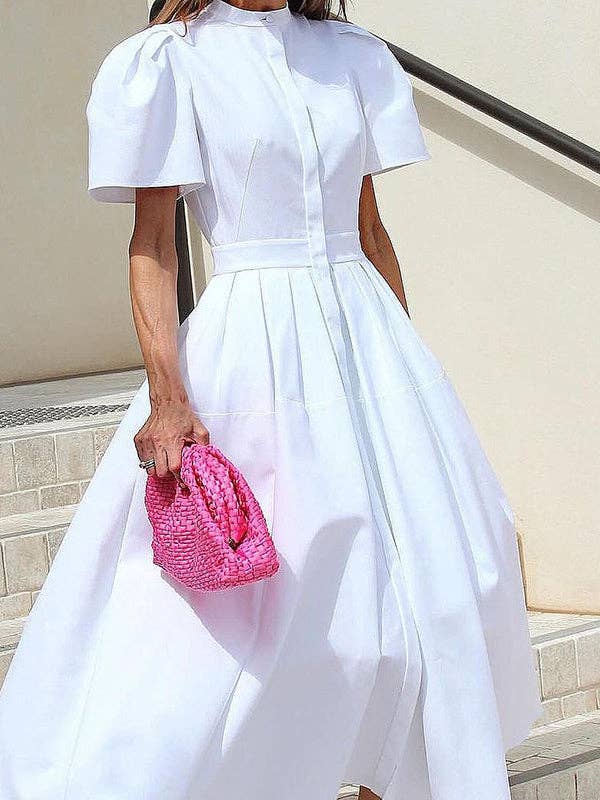 BRANCO Vestido Comprido com Botões, Racha e Gola Alta em Linha A para venda a revendedores na Faire1