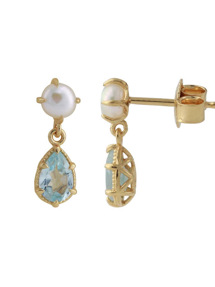 Silver stud earrings 18ct gold-plated with 4x6mm topaz & 4mm freshwater pearl for wholesale by Campur GmbH