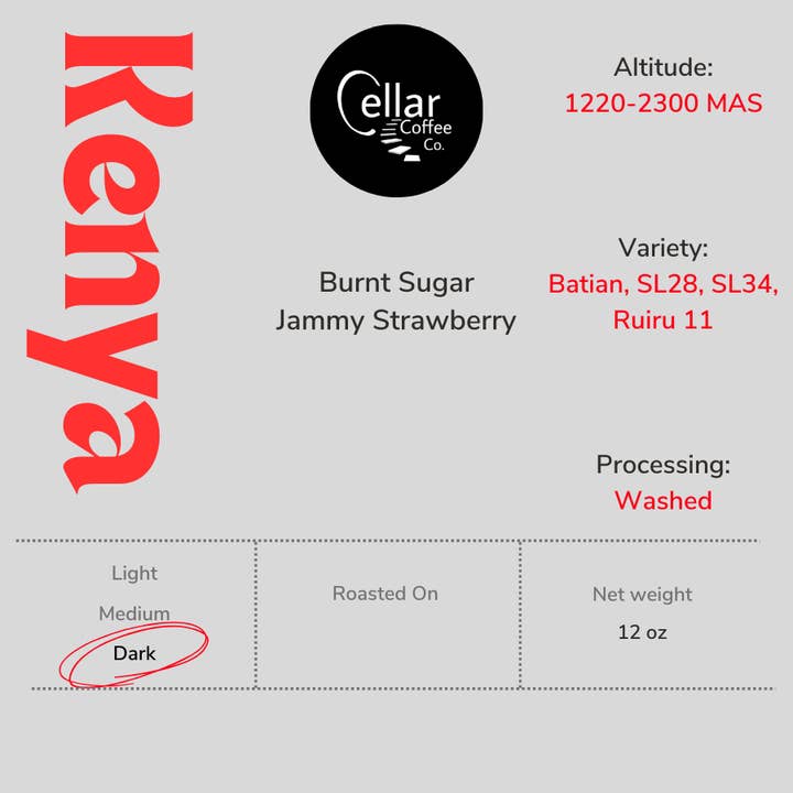 Kenya (Single Origin) Coffee Beans - 12 oz bags for retail for wholesale by Cellar Coffee Company