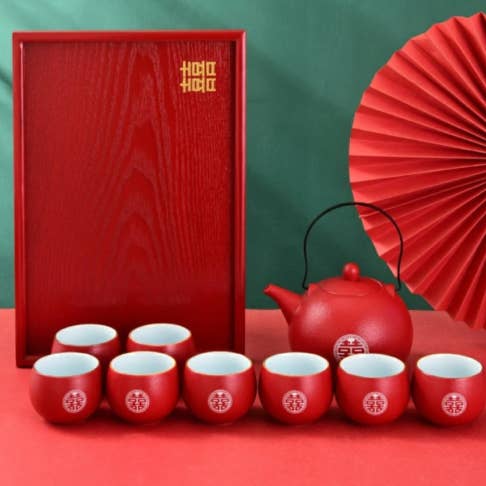 Oriental wedding double happiness tea set/8 teacups and tray for wholesale by Green Pastures Wholesale