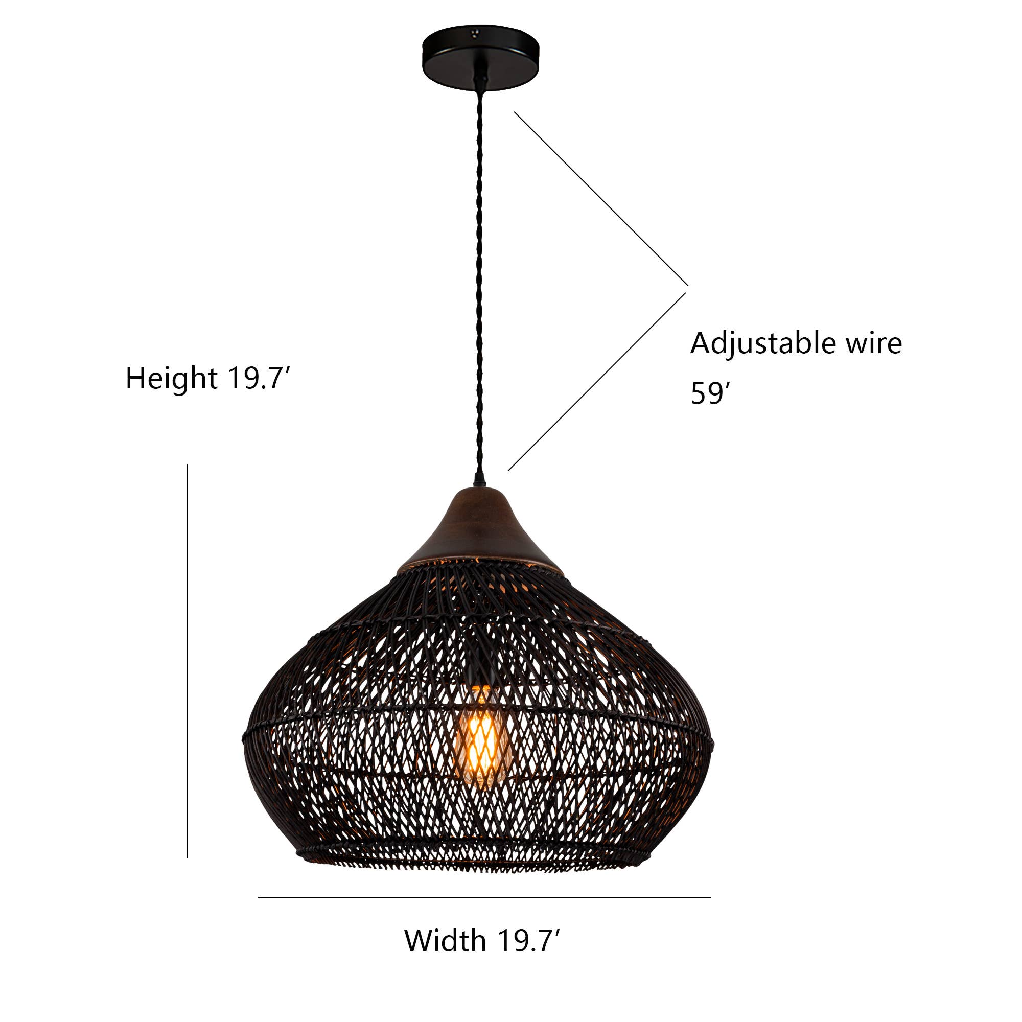Noir Mat Grande lampe suspendue en rotin Coastal, plafonnier noir mat en vente sur Faire5