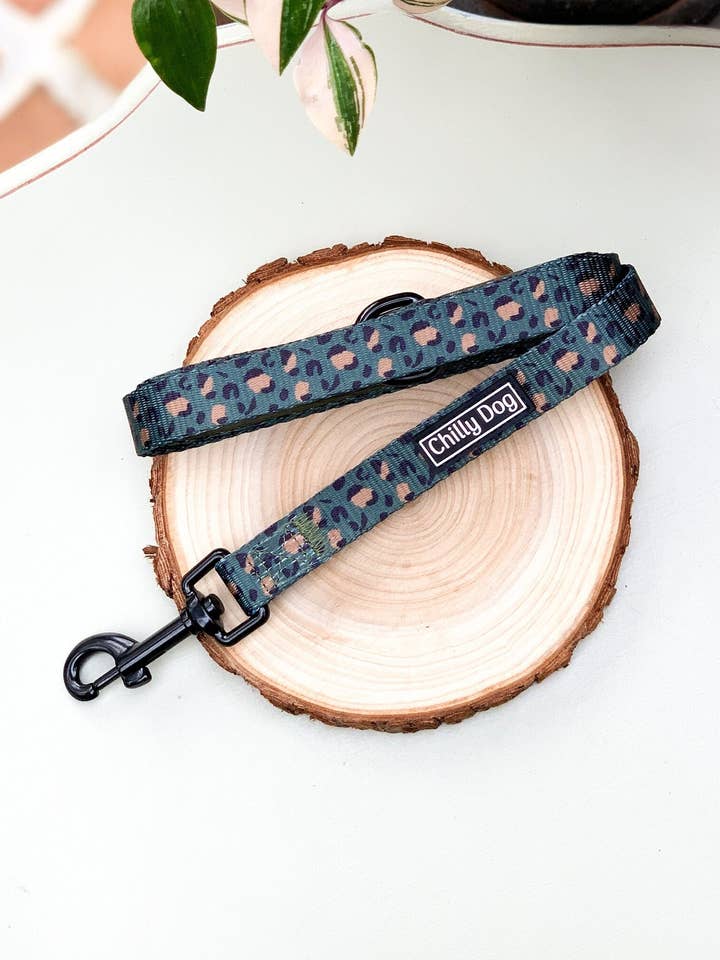 Green Leopard Print Woodland Adventure Puppy Dog Lead for wholesale by Chilly Dog