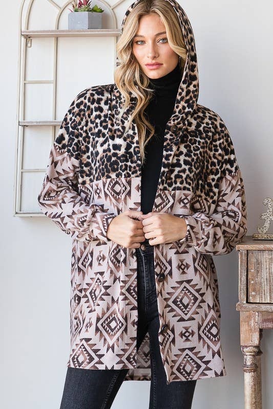 BROWN TAUPE EJ6720-15 AZTEC AND ANIMAL LEOPARD BUTTON DOWN SHACKET for wholesale on Faire10