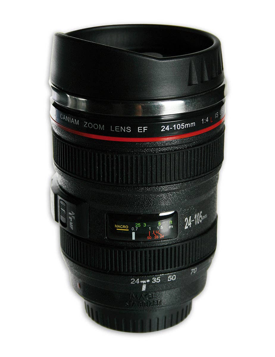 Close Up GmbH – copos e garrafas térmicas por atacado – Copo térmico em forma de lente de câmara com tampa de rosca0