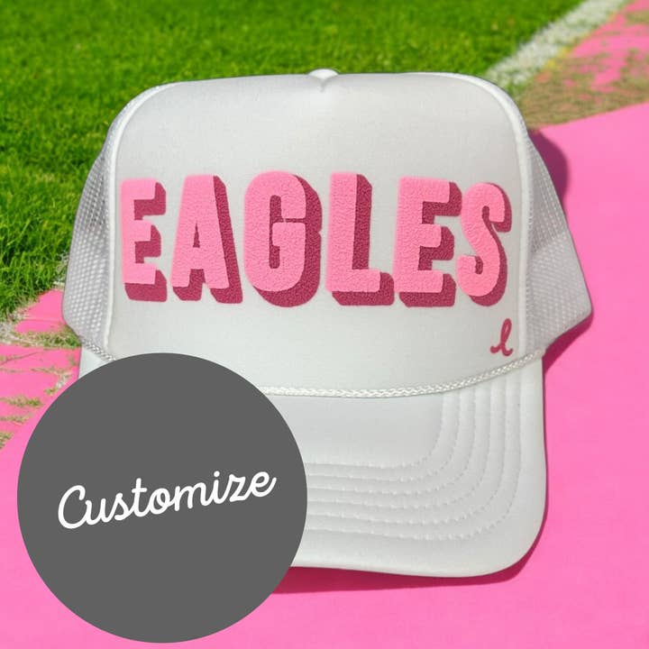 CUSTOM - PINK OUT Double Puffy (block) White Trucker for wholesale by Littlebrightbird