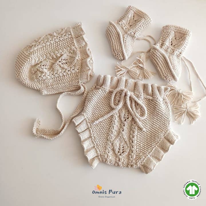 Omnis Pura – Conjunto de roupa - Bebé por atacado – Conjunto de acessórios vitorianos de malha de algodão orgânico para menina