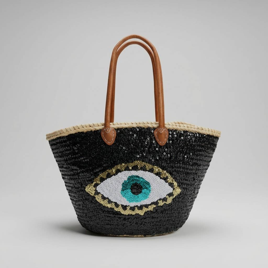 Melecraft - Vente Sac de plage - Sac fourre-tout en paille à sequins œil maléfique - Noir bohème plage10