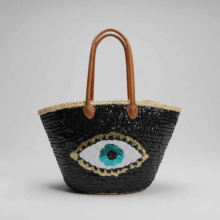 Melecraft - Vente Sac de plage - Sac fourre-tout en paille à sequins œil maléfique - Noir bohème plage10