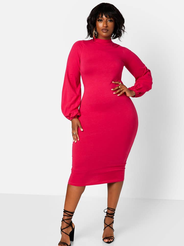 Turtleneck Puff Sleeves Bodycon Midi Dress - Fuchsia for wholesale by REBDOLLS