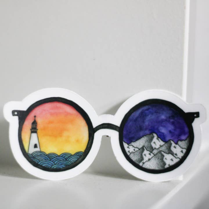 Scribbles and Doodlez - Wholesale Sticker - Maine Mountain & Lighthouse Sunglasses | Watercolor Sticker