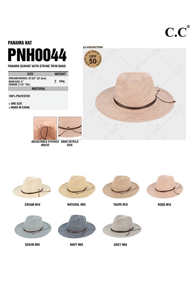 Hana - Wholesale Straw Hat - Women's - C.C String Trim Band Panama Sun Hat7