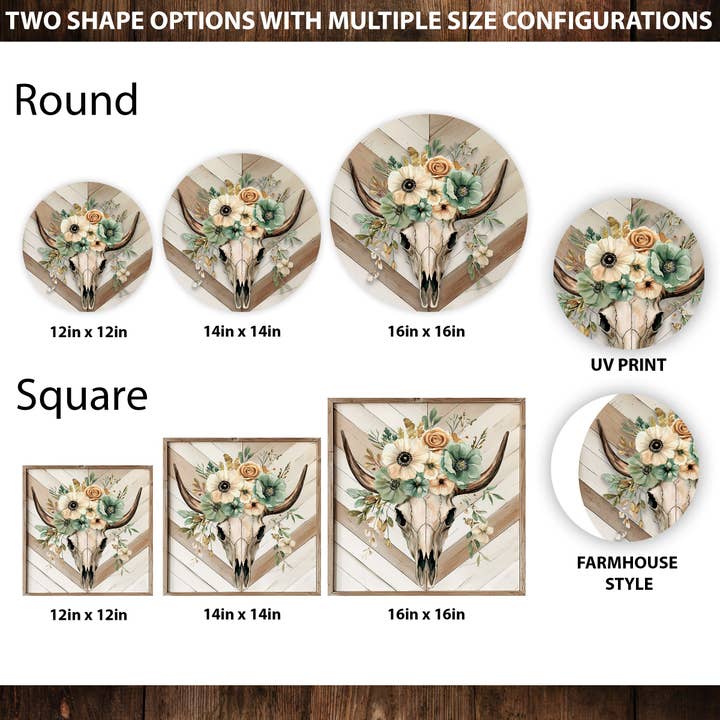 TX USA Corporation - Wholesale Door Hanger - Summer Western Cow Skull Door Hanger – Floral Boho Wall Sign for Front Door or Indoor Decor | Round & Square UV Print | Multi Sizes