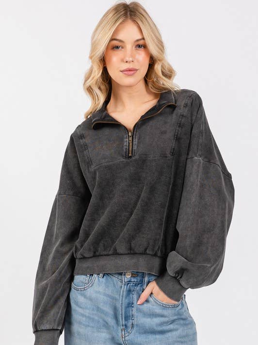 WASHED MOCK NECK HALF ZIP-UP TOP - FT31512 for wholesale by Calista