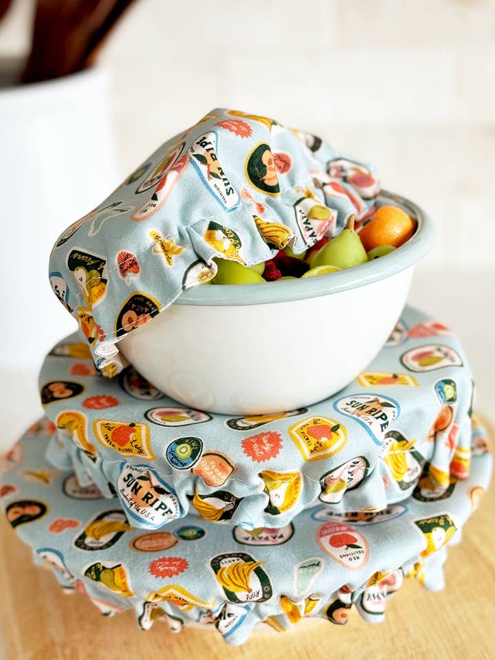 Fruit Stickers Pattern Fabric Bowl Cover Set for wholesale by Peace Out Plastic