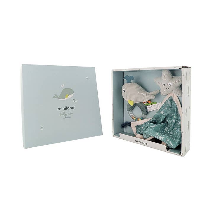 Ocean Collection: 2pc Baby Gift Set - Rattle & Lovey for wholesale by Miniland Educational