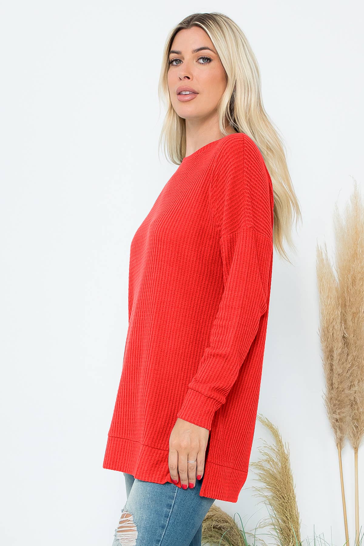 You & Me – wholesale Tunic sweater – Women’s – YMT20075V-BRUSHED WAFFLE ROUND NECK SIDE SLIT SWEATER25