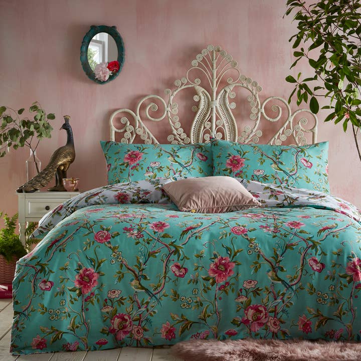 Vintage Chinoiserie Floral Exotic Duvet Cover Set Jade for wholesale on Faire