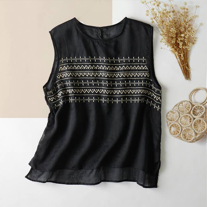 Hope & Sunshine - Wholesale Blouse - Women's - Embroidered Ramie Sleeveless Top