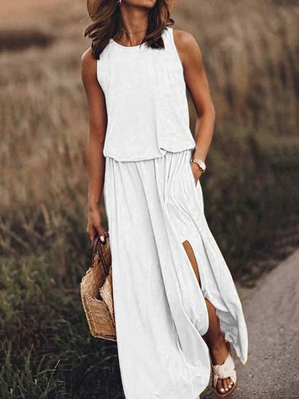 Sheer Trend - Wholesale Dress - Women's - Simple Casual Solid Color Split-Side Sleeveless Midi Dress