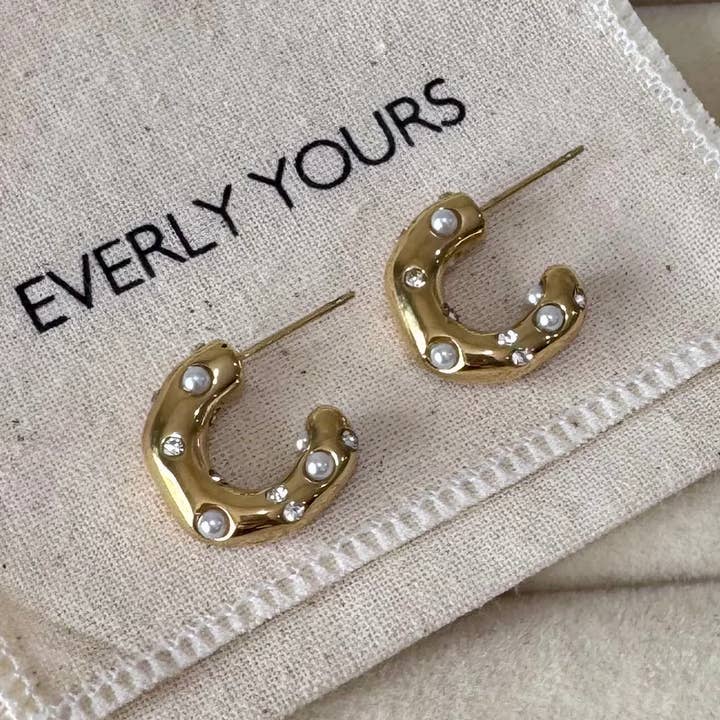 Aure 18K Gold Pearl & CZ Paved Chunky Hoops for wholesale by Everly Yours