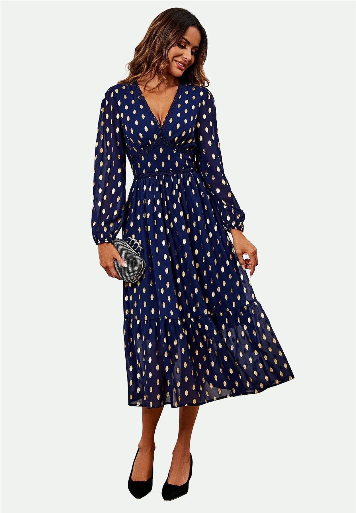 Lace Trim Foil Long Sleeve Maxi Dress In Navy for wholesale on Faire1
