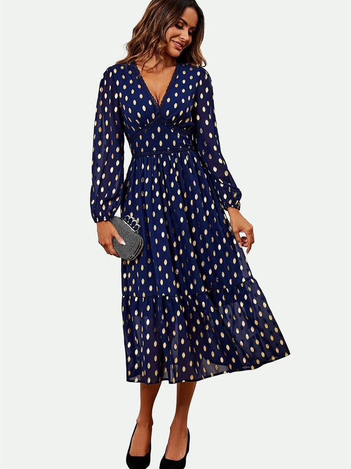 Lace Trim Foil Long Sleeve Maxi Dress In Navy for wholesale on Faire1