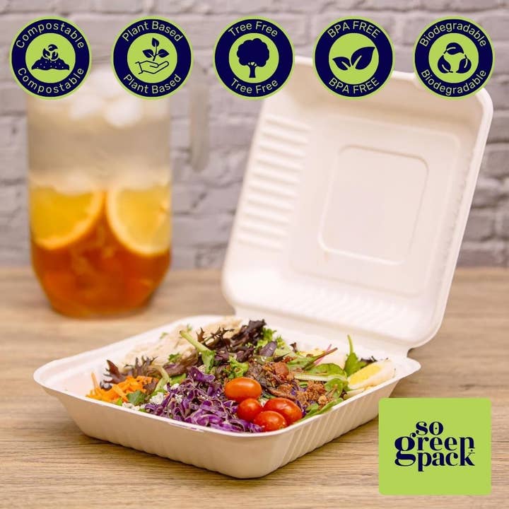Sogreenpack - Wholesale Disposable Plate - 8" X 8" Compostable Bagasse Clamshell Eco-Friendly 50 Packs
