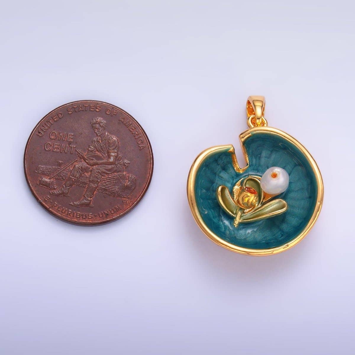 Aim Eternal - Wholesale Individual Charm/Pendant - 24K Gold Filled Water Lily Flower Arrangement Pearl Enamel Charm in Gold & Silver | AA14242