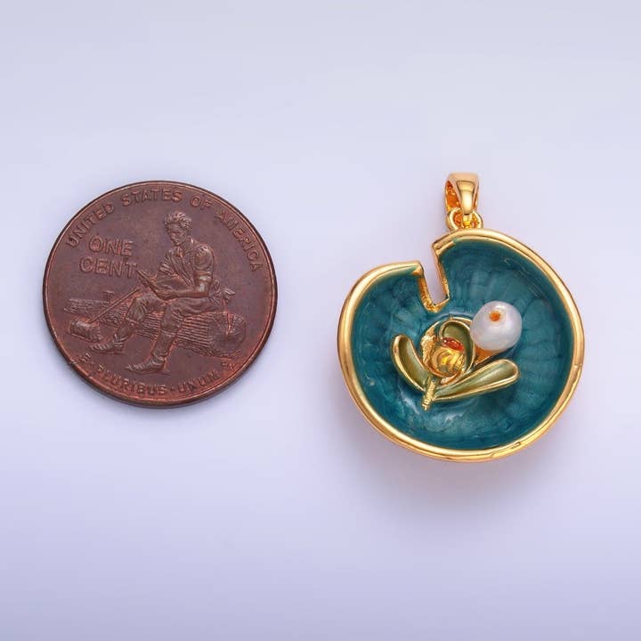Aim Eternal - Wholesale Individual Charm/Pendant - 24K Gold Filled Water Lily Flower Arrangement Pearl Enamel Charm in Gold & Silver | AA14242