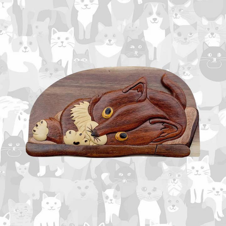 Positive Urns - Wholesale Decorative Box - Cat Nap - Hand-Crafted Memorial Keepsake Puzzle Box