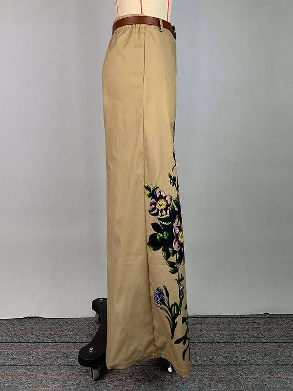 KHAKI Højtaljede løse bukser med blomsterprint og lommer for engroshandel på Faire11