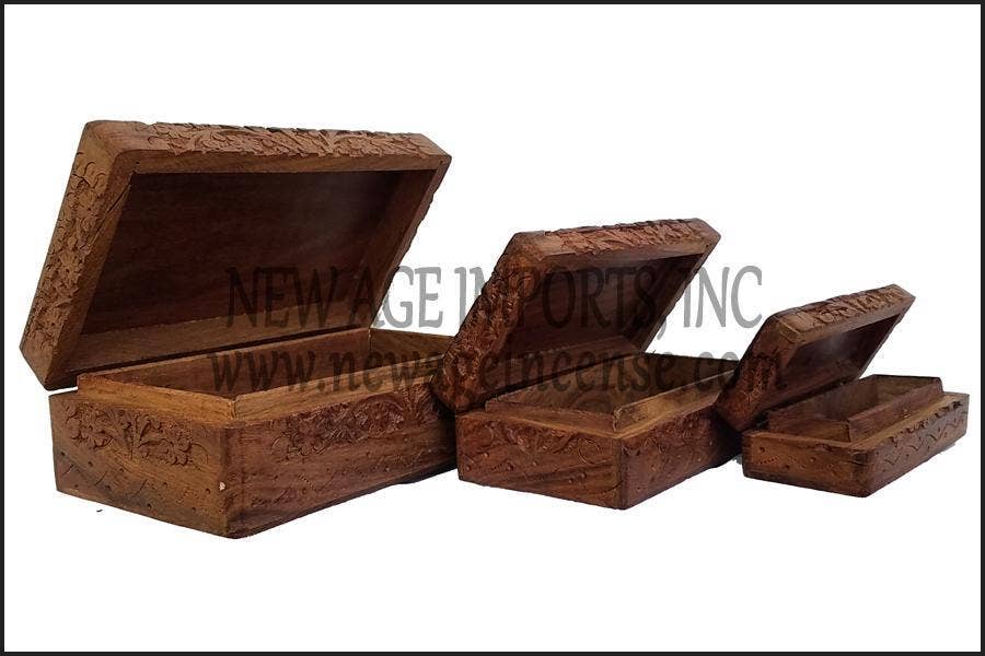 GREENROOTS USA LLC - Wholesale Decorative Box - Wooden Floral Design Carved Box Set : 8"L, 6.5"L, 5.5"L