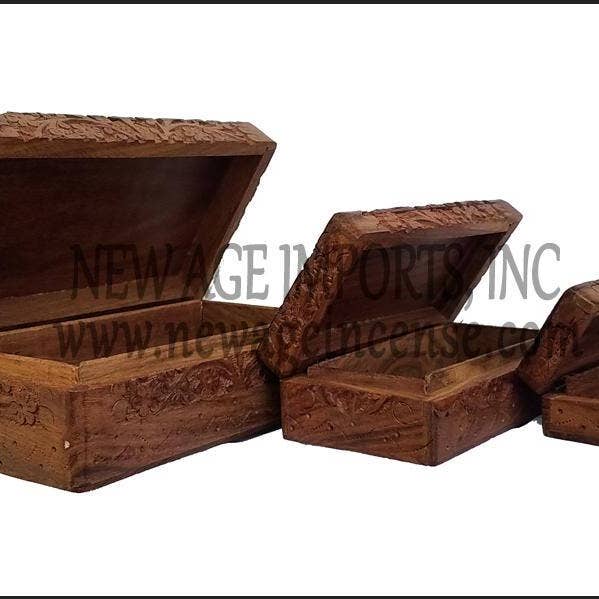 GREENROOTS USA LLC - Wholesale Decorative Box - Wooden Floral Design Carved Box Set : 8"L, 6.5"L, 5.5"L0