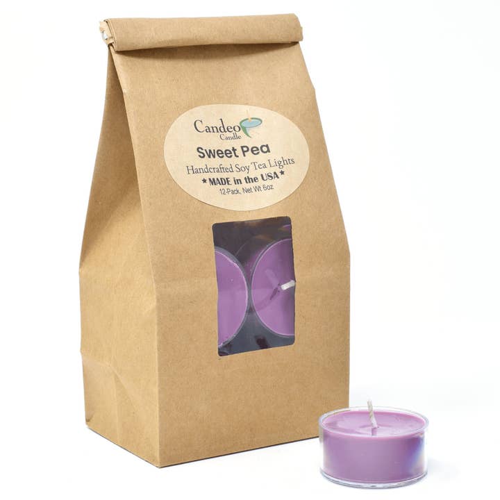 Sweet Pea, Soy Tea Light 12-Pack for wholesale by Candeo Candle