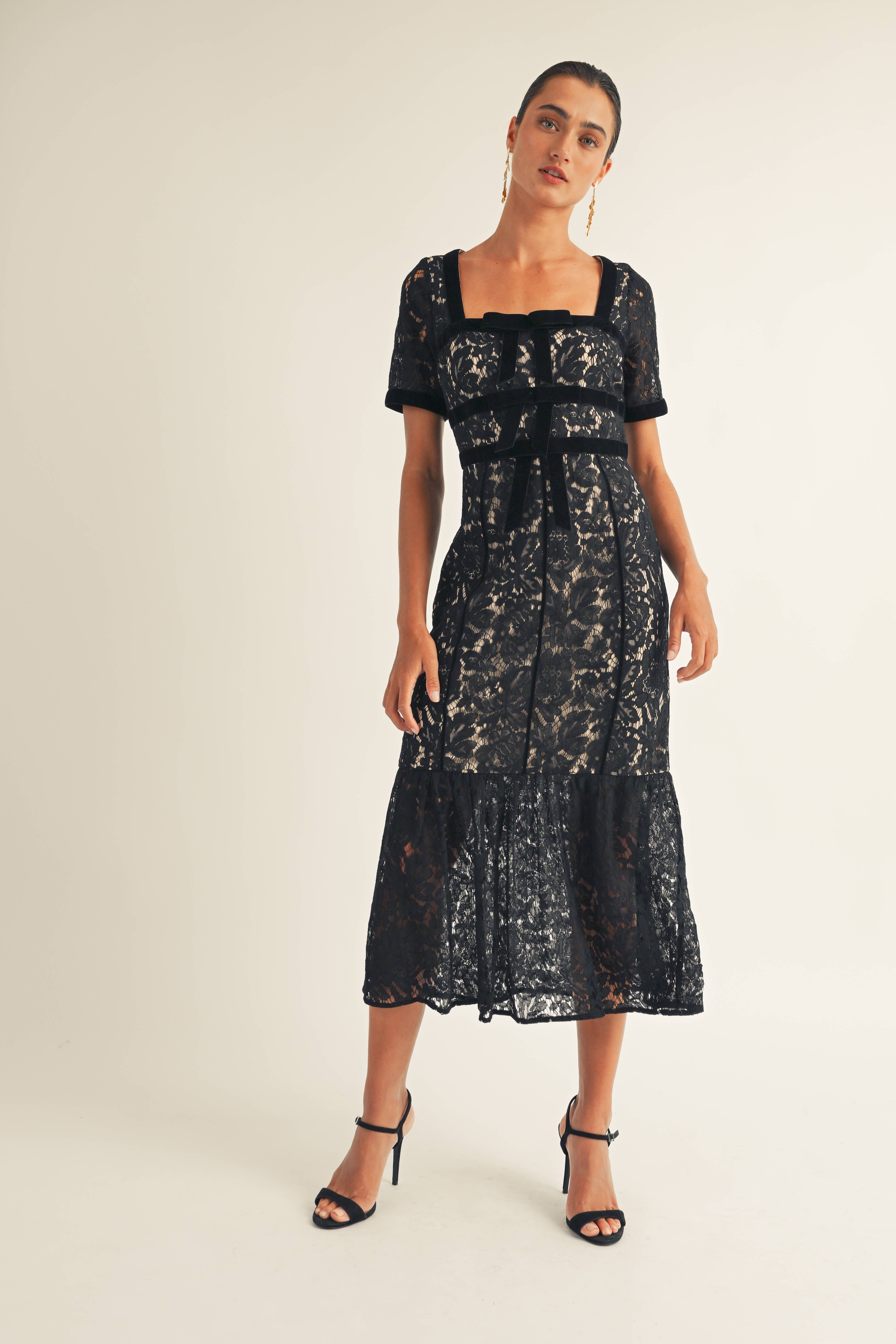 JUST ME - Vente Robe – femme - Robe midi en dentelle florale à manches courtes1