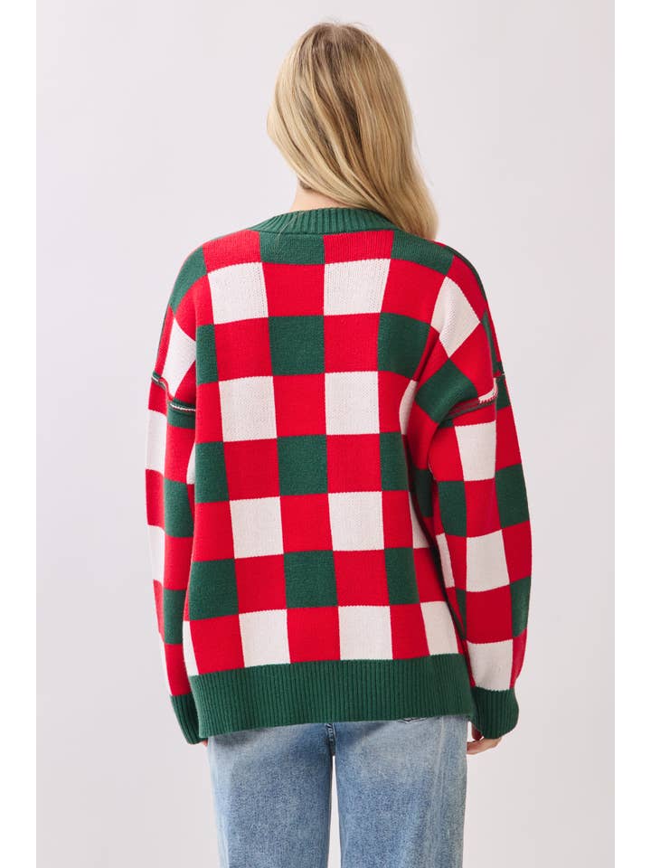 RED COMBO Oversized Checkered Christmas Sweater for wholesale on Faire10