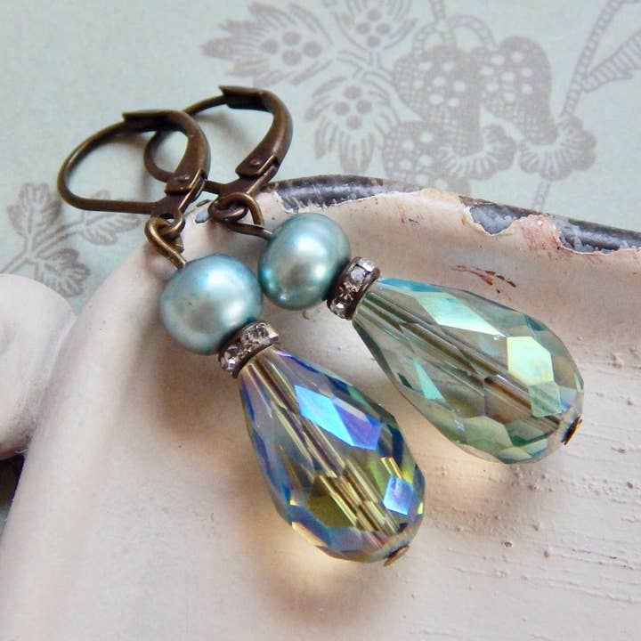 Madison - Blue Pearl And Crystal Earrings - Blue Freshwater for wholesale by The green antique trunk
