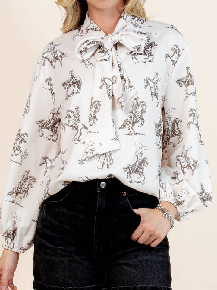 T1629-5302-Western Sheriff Cowboy Print Blouse for wholesale by Nylon Apparel