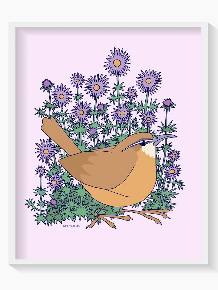 Carolina Wren and New England Aster - 8x10" Print for wholesale by Lydia Tonkonow Art and Design LLC