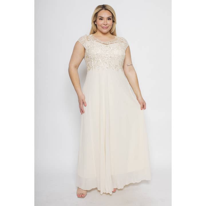Curve Market - Wholesale Dress - Women's - PLUS SIZE EMBELLISHED LACE CONTRAST CHIFFON MAXI DRESS