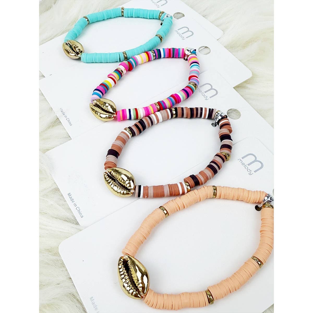 Mixed Color Clay Bead Sea Shell Charm Bracelet for wholesale on Faire6