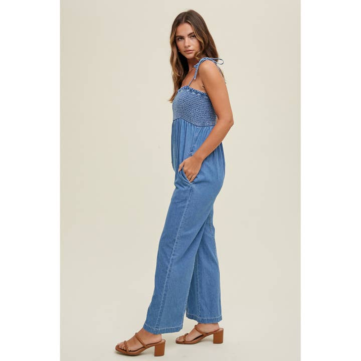SMOCKED BUST DENIM JUMPSUIT / WL24-8602 for wholesale on Faire