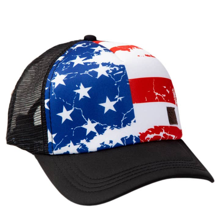 Foam Mesh Snapback Photo Trucker Hat, American Flag for wholesale by Shüe Hat Co