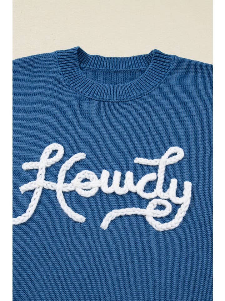 Dusk Blue Western Howdy Embroidered Crewneck Sweater for wholesale on Faire2