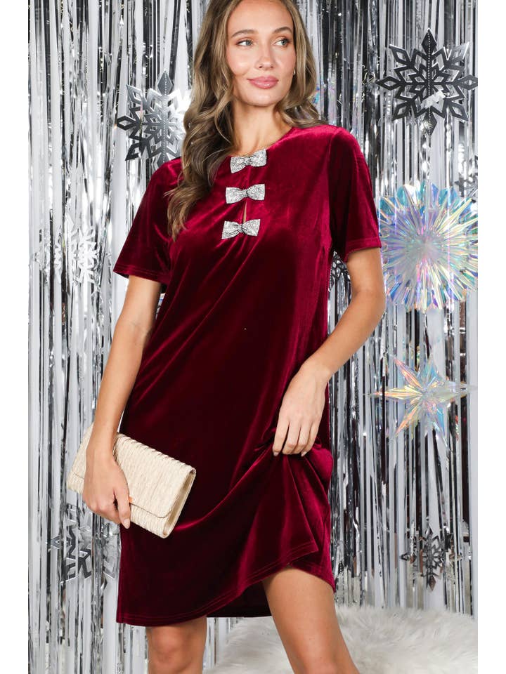 Vine & Love - Wholesale Dress - Women's - Sparkling Sequin Bow Embellished Velvet Dress VD8273712